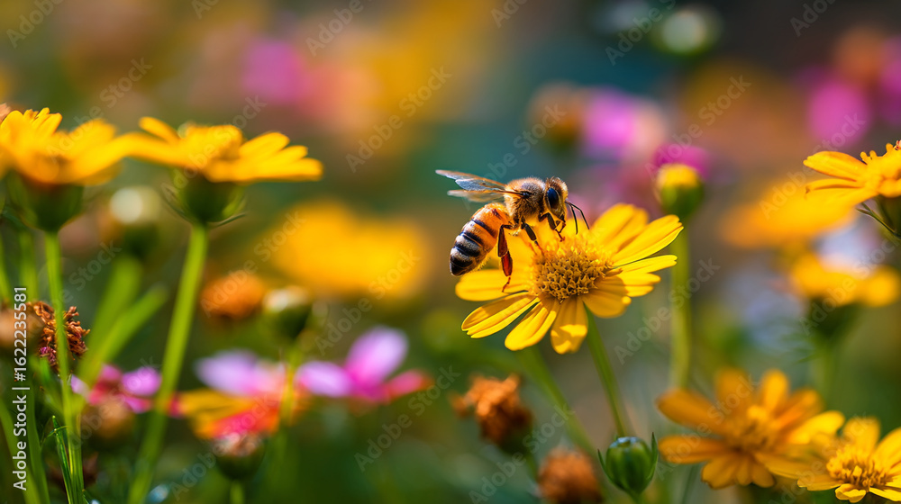 A bee collecting pollen from a yellow flower in a vibrant garden setting scene A bee collecting pollen from a yellow flower in a vibrant garden setting scene