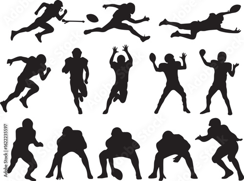 American football players in action silhouettes running jumping