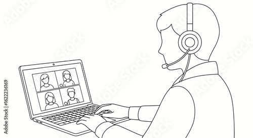 Person wearing headset engaged in a video conference call with four participants on a laptop screen online meeting