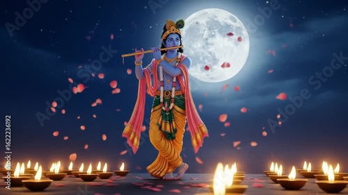 Serene Lord Krishna Plays Flute Under Full Moon Amidst Falling Petals and Diyas