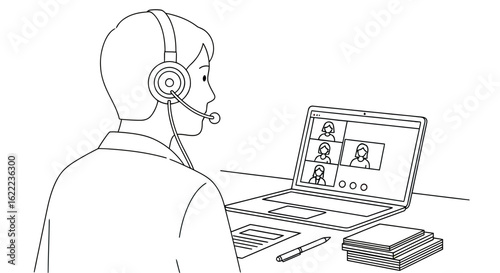 Person with headphones and microphone interacts with multiple people on a laptop screen desk with papers and pen