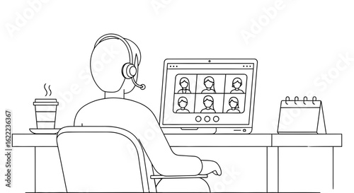 Person wearing headset participates in a video conference call with multiple participants shown on a laptop screen
