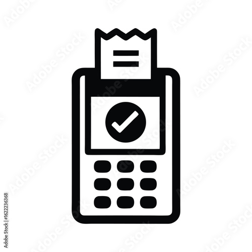 Black icon of POS terminal with checkmark symbolizes transaction completion is visually clear