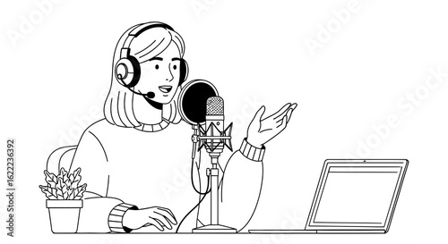 Woman wearing headphones speaking into a microphone with a laptop and potted plant Podcast Recording
