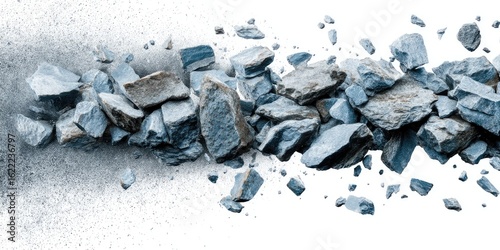 Shattered blue rocks in motion against a white background