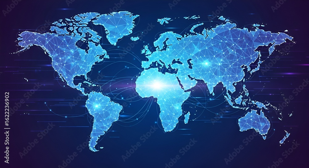 Obraz premium A digital world map illustration with interconnected nodes and lines, glowing over continents, representing global networks and connectivity.