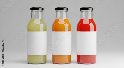 Wallpaper Mural Three colorful juices in clear bottles with blank labels ready for branding Torontodigital.ca
