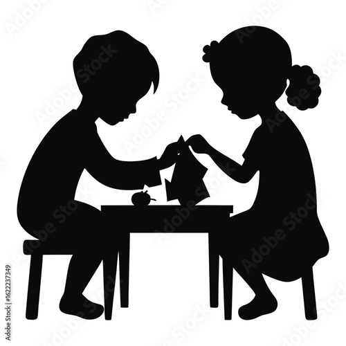 Silhouette vector illustration of two children making dolls