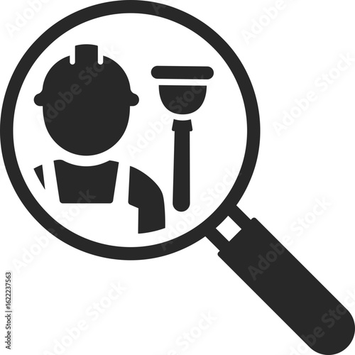 Magnifying glass searching for plumber with toilet plunger to show plumbing job and sanitation service.