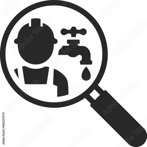 Magnifying glass searching for plumber with water tap to represent job hunt and service finding.