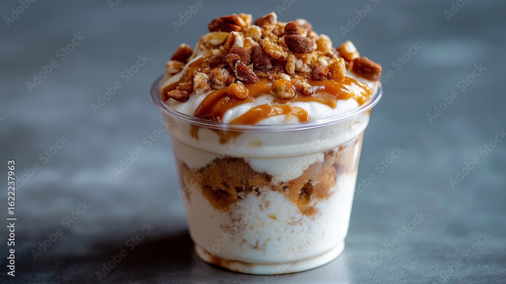 A creamy dessert layered with cake and nuts, drizzled with caramel sauce, ready to enjoy. A creamy dessert layered with cake and nuts, drizzled with caramel sauce, ready to enjoy.