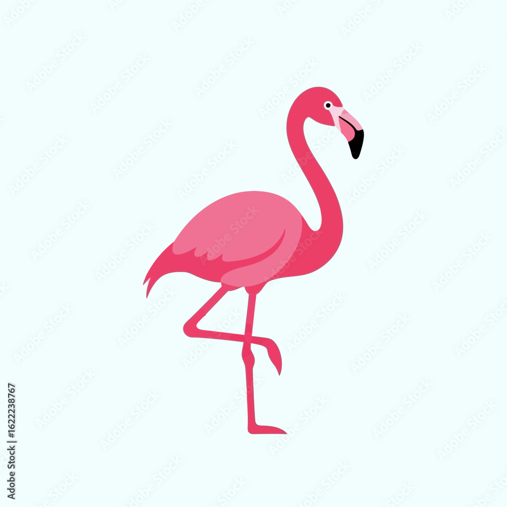 Fototapeta premium Pink flamingo standing on one leg against a light blue background.