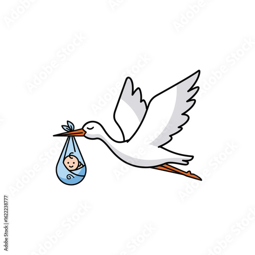 Stork carrying a baby in a blue sack on white background.