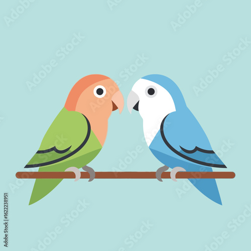 Two lovebirds perched on a branch against a light blue background.