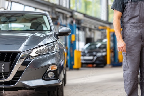 Wallpaper Mural Modern car being serviced in a clean, well-lit automotive workshop auto service garage, showcasing maintenance, diagnostics, and mechanical repair environment. Torontodigital.ca