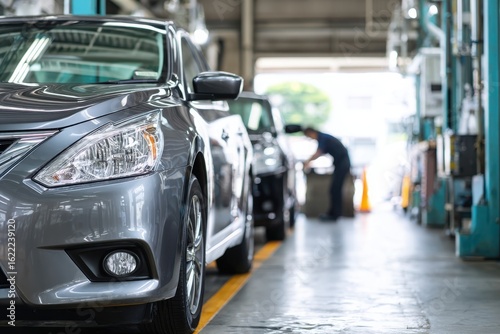 Modern car being serviced in a clean, well-lit automotive workshop auto service garage, showcasing maintenance, diagnostics, and mechanical repair environment.