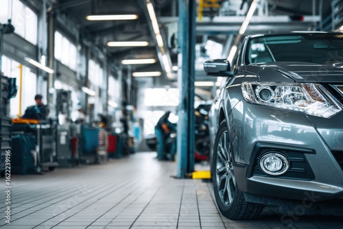 Wallpaper Mural Modern car being serviced in a clean, well-lit automotive workshop auto service garage, showcasing maintenance, diagnostics, and mechanical repair environment. Torontodigital.ca