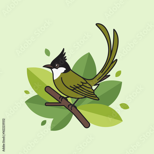 Stylized green bird with black head crest perched on a branch with leaves.
