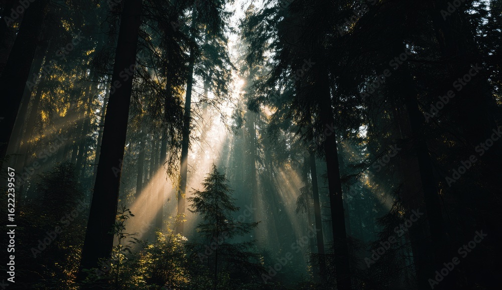 Fototapeta premium Sunlight beams through a dense forest