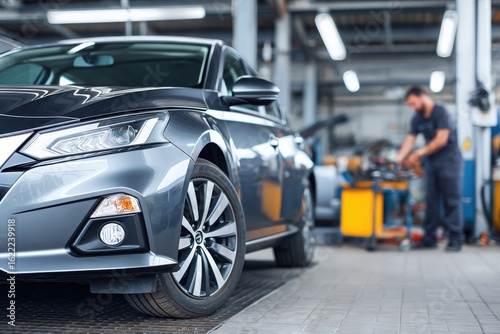 Modern car being serviced in a clean, well-lit automotive workshop auto service garage, showcasing maintenance, diagnostics, and mechanical repair environment.