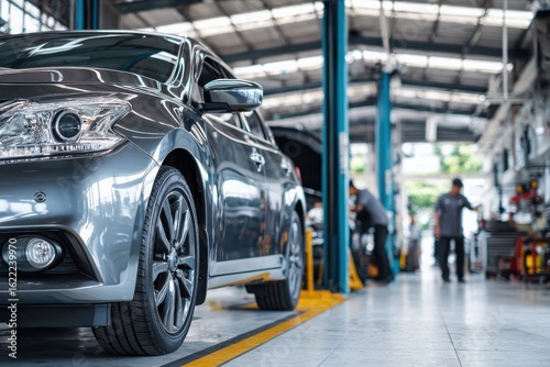 Modern car being serviced in a clean, well-lit automotive workshop auto service garage, showcasing maintenance, diagnostics, and mechanical repair environment.