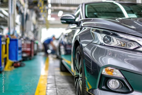 Wallpaper Mural Modern car being serviced in a clean, well-lit automotive workshop auto service garage, showcasing maintenance, diagnostics, and mechanical repair environment. Torontodigital.ca