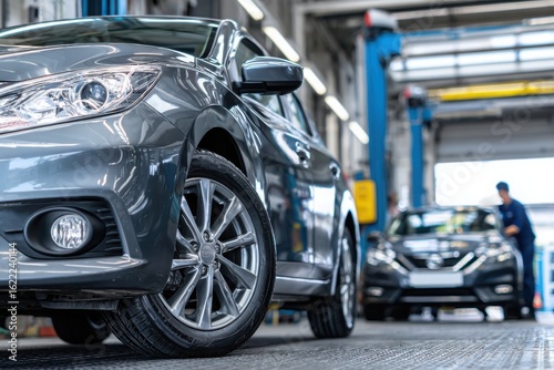 Modern car being serviced in a clean, well-lit automotive workshop auto service garage, showcasing maintenance, diagnostics, and mechanical repair environment.
