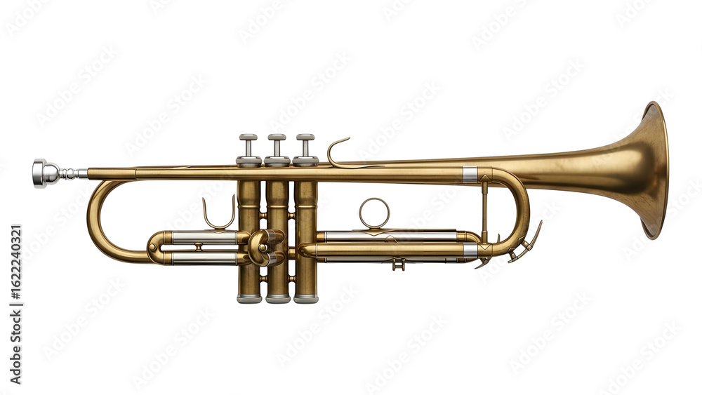 Obraz premium Isolated brass trumpet instrument close up on white background for jazz music and musical education 100 on transparent background
