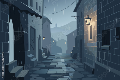 Old stone architecture with columns creates a dramatic urban perspective as lights illuminate the ancient corridor at night