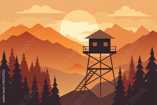 An old watchtower overlooks the sunset over a mountain landscape with clouds and sea