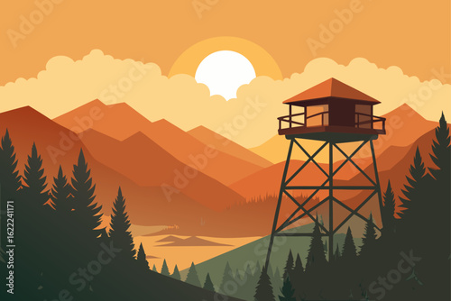 A watchtower silhouette guards the old house as a blue sunset falls over the mountains