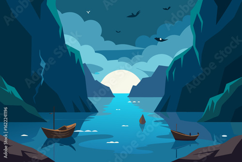 A sailboat glides on the blue ocean waves under a summer sky, with a tropical island on the horizon