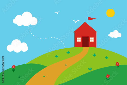 A charming country house sits on a green hill under a summer sky with a bright rainbow