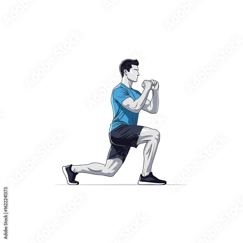 An athletic man performs a lunge exercise, demonstrating a lower body workout.