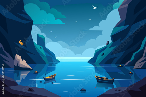 A cartoon vector illustration of a ship sailing on the blue ocean with a dolphin and a diver swimming underwater