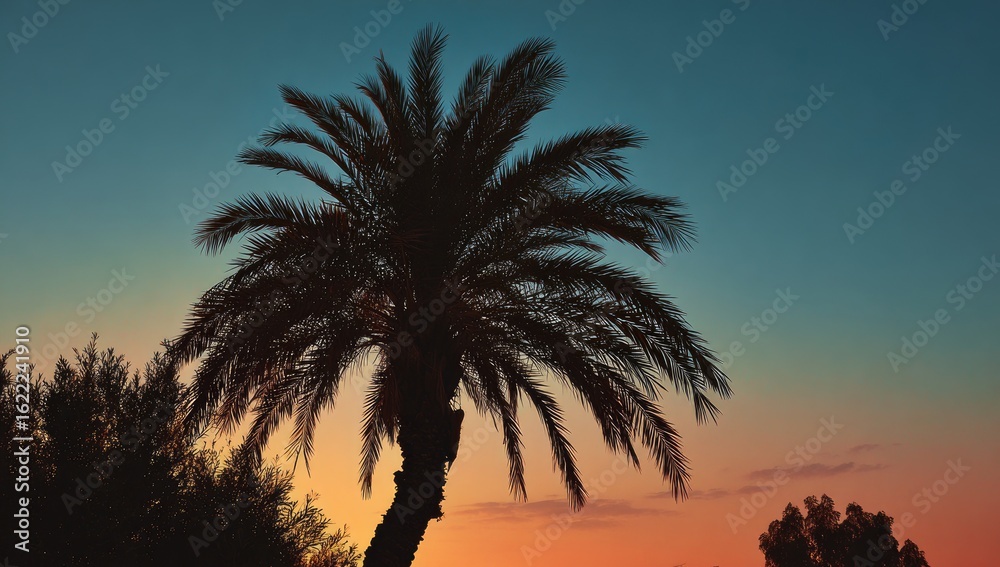 Obraz premium Silhouette of a palm tree against a vibrant sunset sky (1)