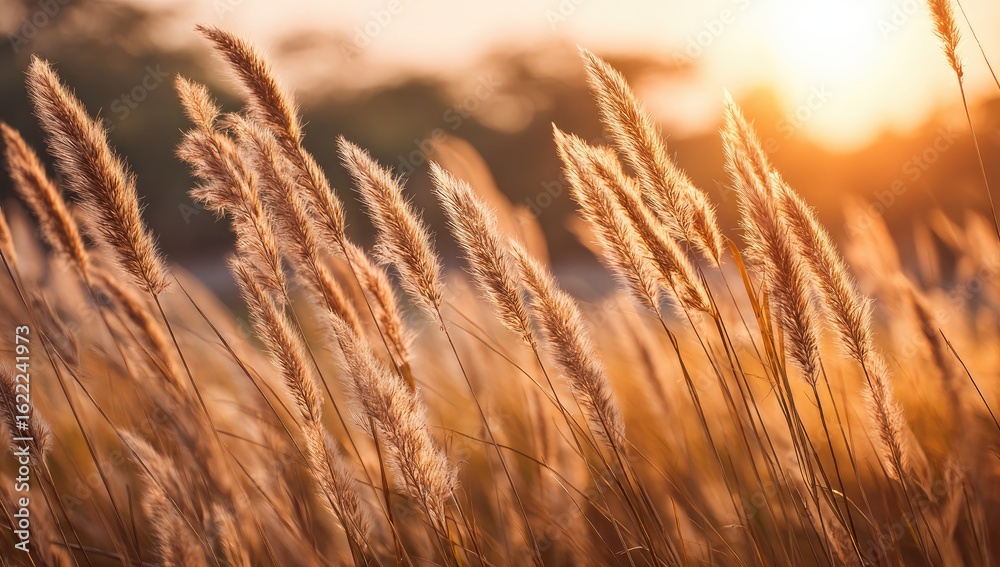 Obraz premium Golden grass field at sunset. Warm light bathes tall grasses
