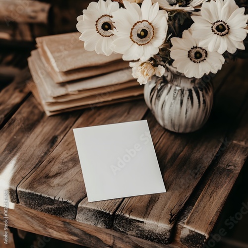 Rustic Wooden Table Mockup with Blank Card and White Flowers