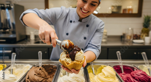 Artisan Ice Cream Parlor Worker Scooping Butter Pecan Ice Cream into Waffle Bowl with Fudge, Interior Shot