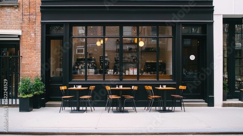 Facade of a classic New York City cafe with outdoor seating coffee shop