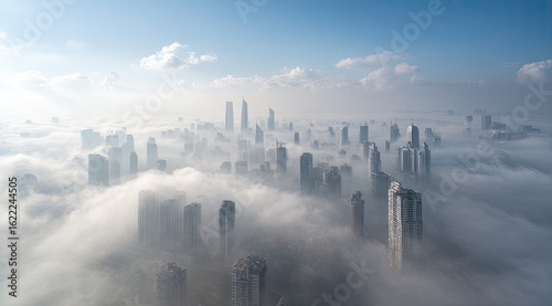 Fototapeta Naklejka Na Ścianę i Meble -  City skyline, shrouded in a thick layer of fog.  Elevated aerial view reveals numerous high-rise buildings emerging from a dense cloud cover.  A clear, pale blue sky is visible above the clouds