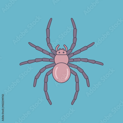 Cartoon spider with eight legs on a blue background.