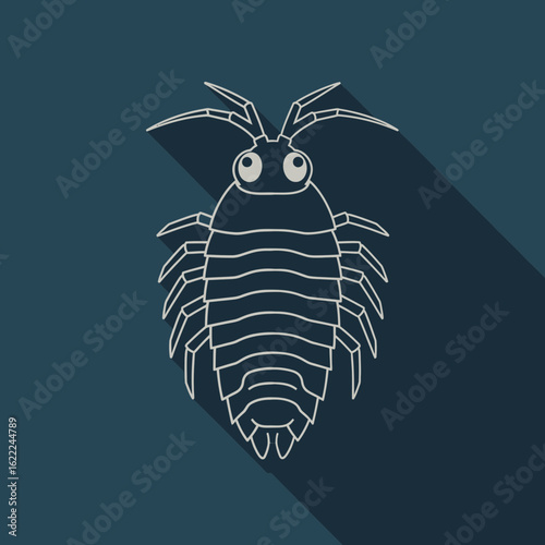 Line drawing of a trilobite fossil on a dark blue background.