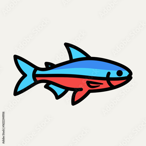 Cartoon fish illustration with blue upper body and red lower body.