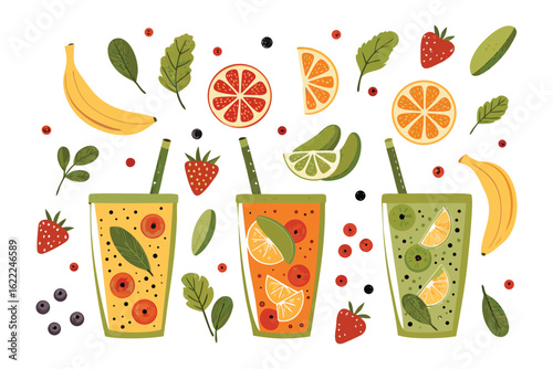 Vibrant Smoothie Paradise: A colorful array of fresh fruit smoothies beckons, showcasing the enticing potential of natural ingredients in a health-conscious still life.