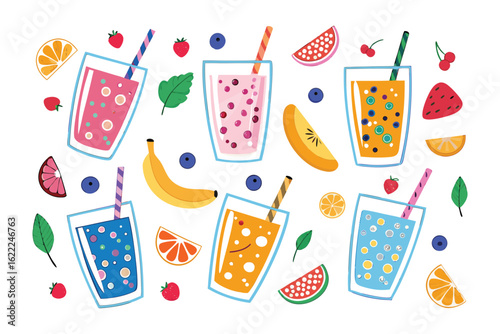 Colorful Fruit Smoothies: A vibrant illustration showcases an array of colorful fruit smoothies, each bursting with the freshness of various fruits, from bananas to berries.