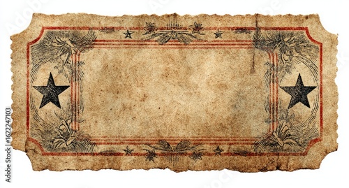 Aged ticket, ornate border, frayed edges