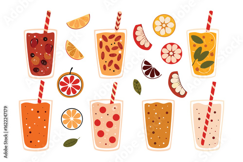 Colorful Fruit Smoothies: An array of vibrant, hand-drawn fruit smoothies in various flavors, each adorned with a striped straw and accompanied by fresh fruit slices.