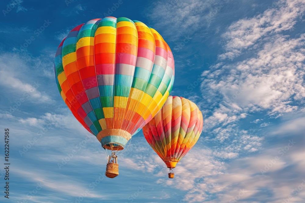 Fototapeta premium Colorful hot air balloons soar against a vibrant blue sky dotted with puffy white clouds