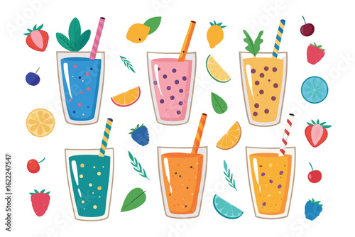 Vibrant Smoothie Selection: A colorful collection of refreshing smoothies, each adorned with fresh fruit and a cheerful straw, inviting a taste of summer's bounty and vitality.